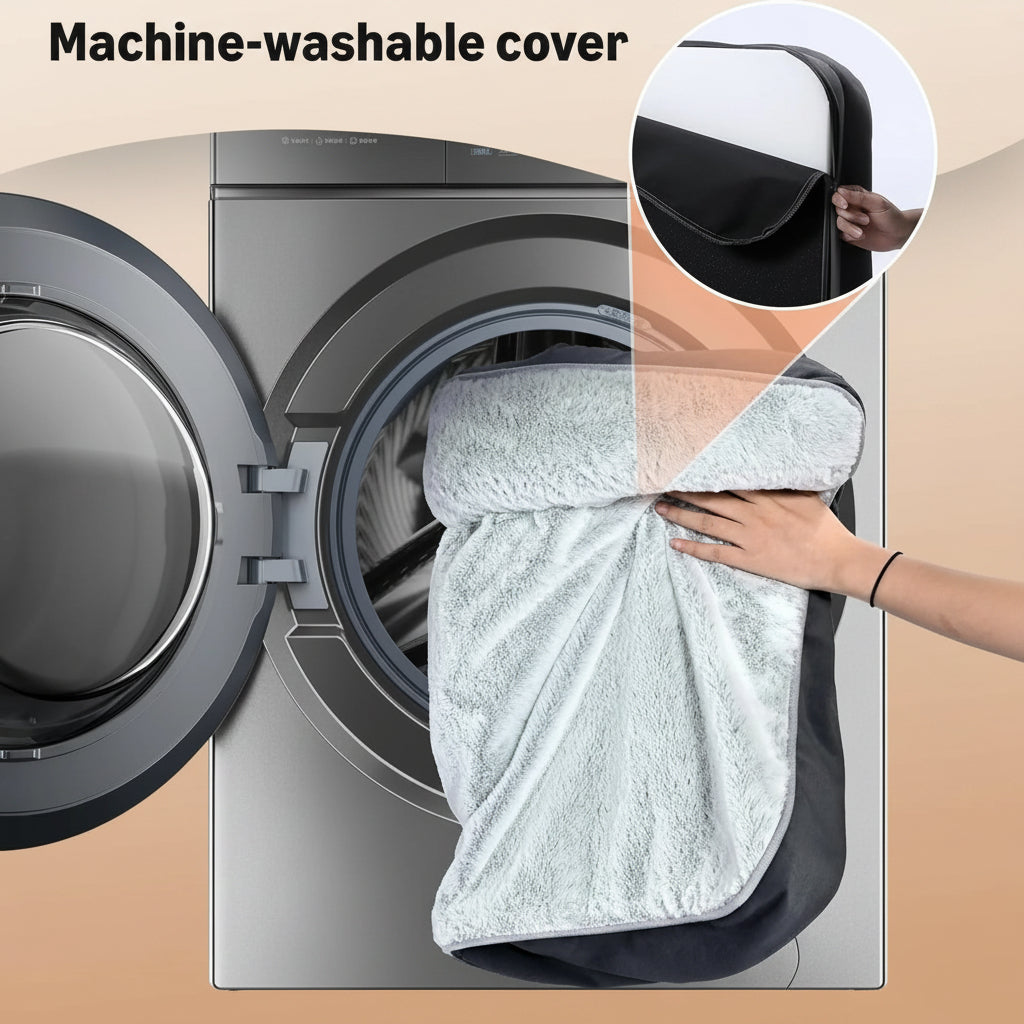 Machine-washable cover being placed into a washing machine
