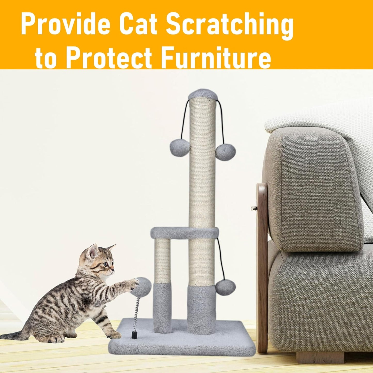 Tall Cat Scratching Post, Double Lower Posts Extra Stable Cat Post Tree Scratcher with Sisal Rope and Teasing 4 Balls Total Large Base