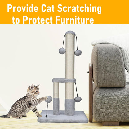 Tall Cat Scratching Post, Double Lower Posts Extra Stable Cat Post Tree Scratcher with Sisal Rope and Teasing 4 Balls Total Large Base