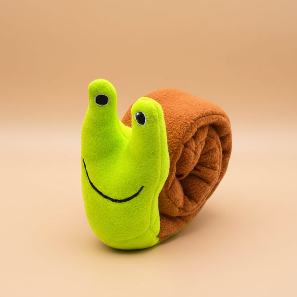 Toy snail with a green body and brown shell on a white background