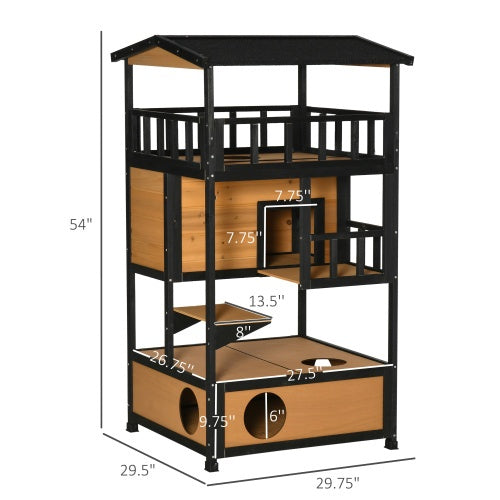 PawHut Wooden Outdoor Cat House | Multi-Level Wild Cat Sanctuary | Asphalt Roof & Escape Door, Yellow