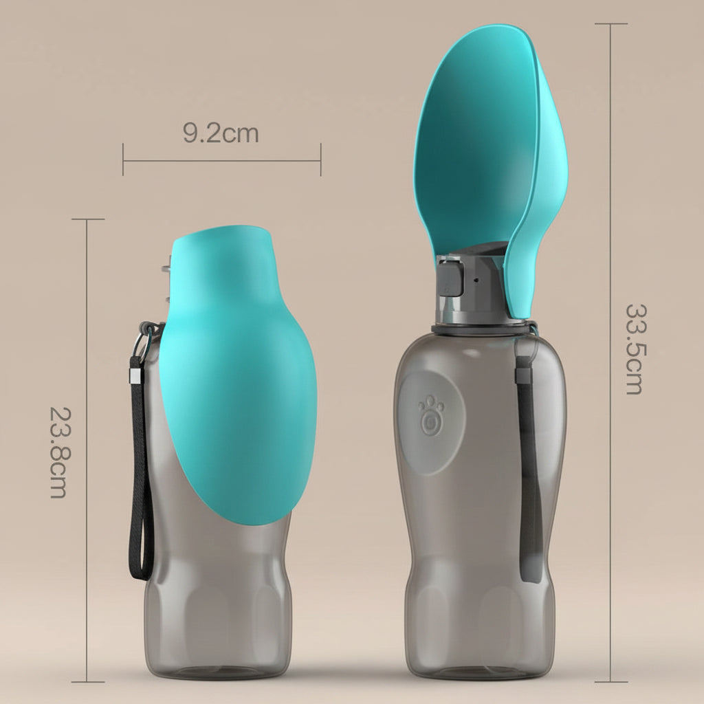 Two gray water bottles with turquoise spill-proof covers on a beige background