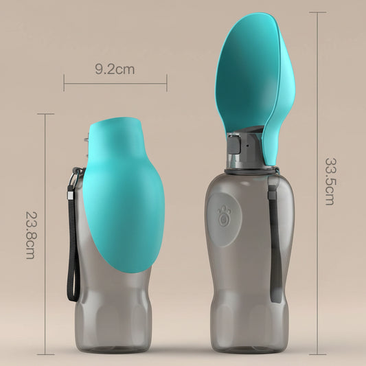 Two gray water bottles with turquoise spill-proof covers on a beige background