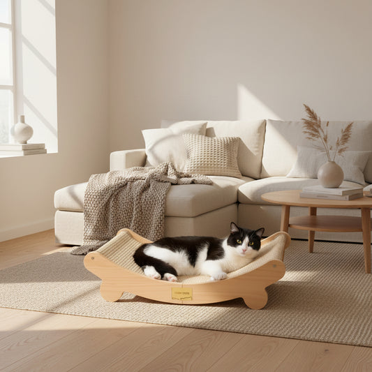 Cat lying on a wooden cat shelf with a brand label in a home setting