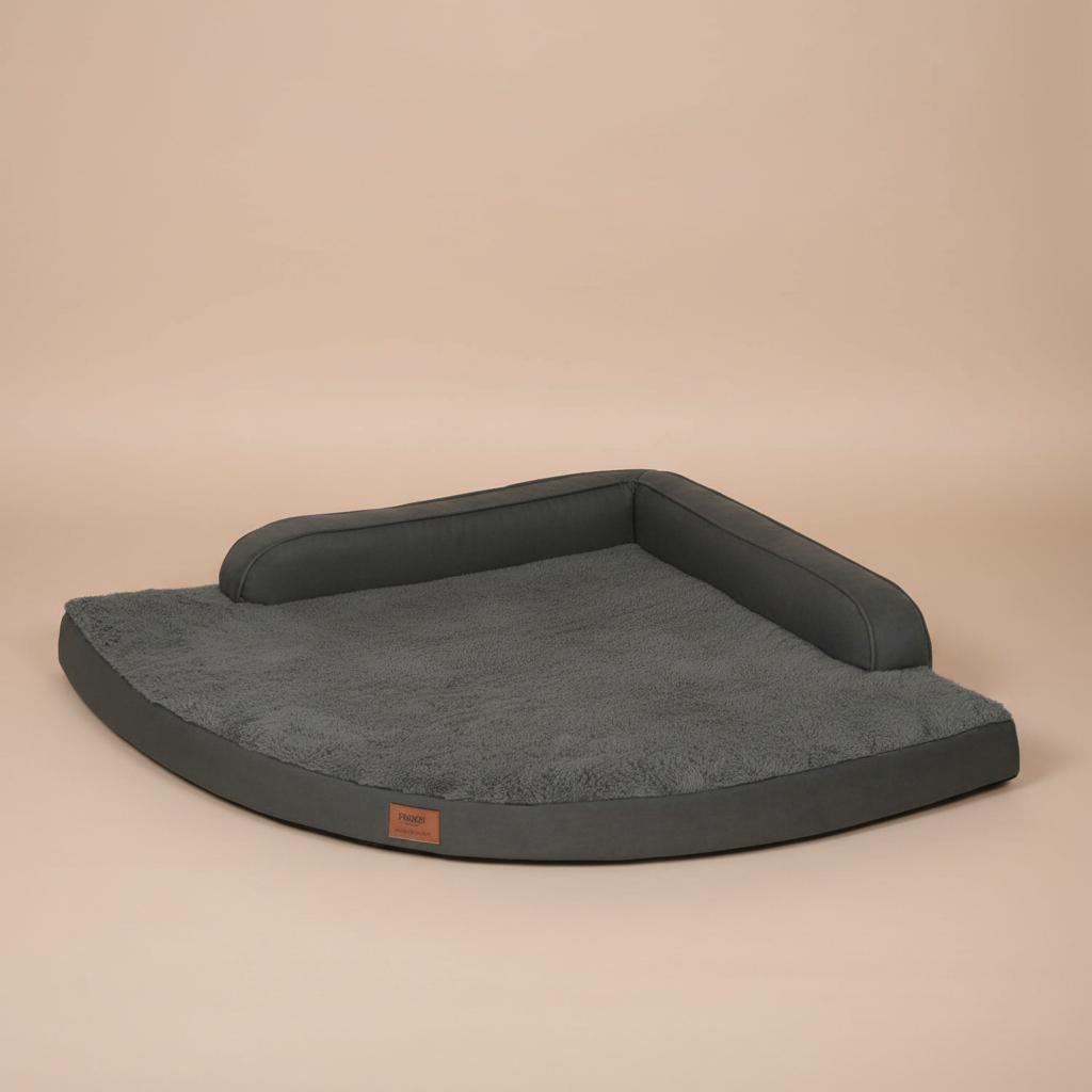gray pet bed in a room with wooden flooring and white walls.