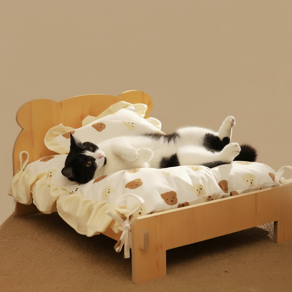 Cat Bed Wooden Cat and Dog Bed with Teddy Bear Pattern Indoor Pet Furniture Floor to Ceiling Bed(20*11Inch)Comfortable Durable