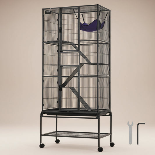 Large black metal pet cage on wheels with 4 platforms, 3 ramps and a hammock on a beige background