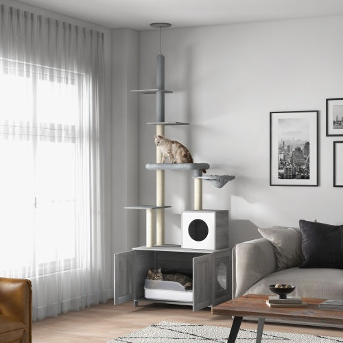 PawHut Cat Tree with Litter Box Enclosure - 2 in 1 Floor to Ceiling Cat Tower Litter Box Furniture with Condo, Bed, Hammock, Scratching Posts, and Platforms for Indoor Use, Gray