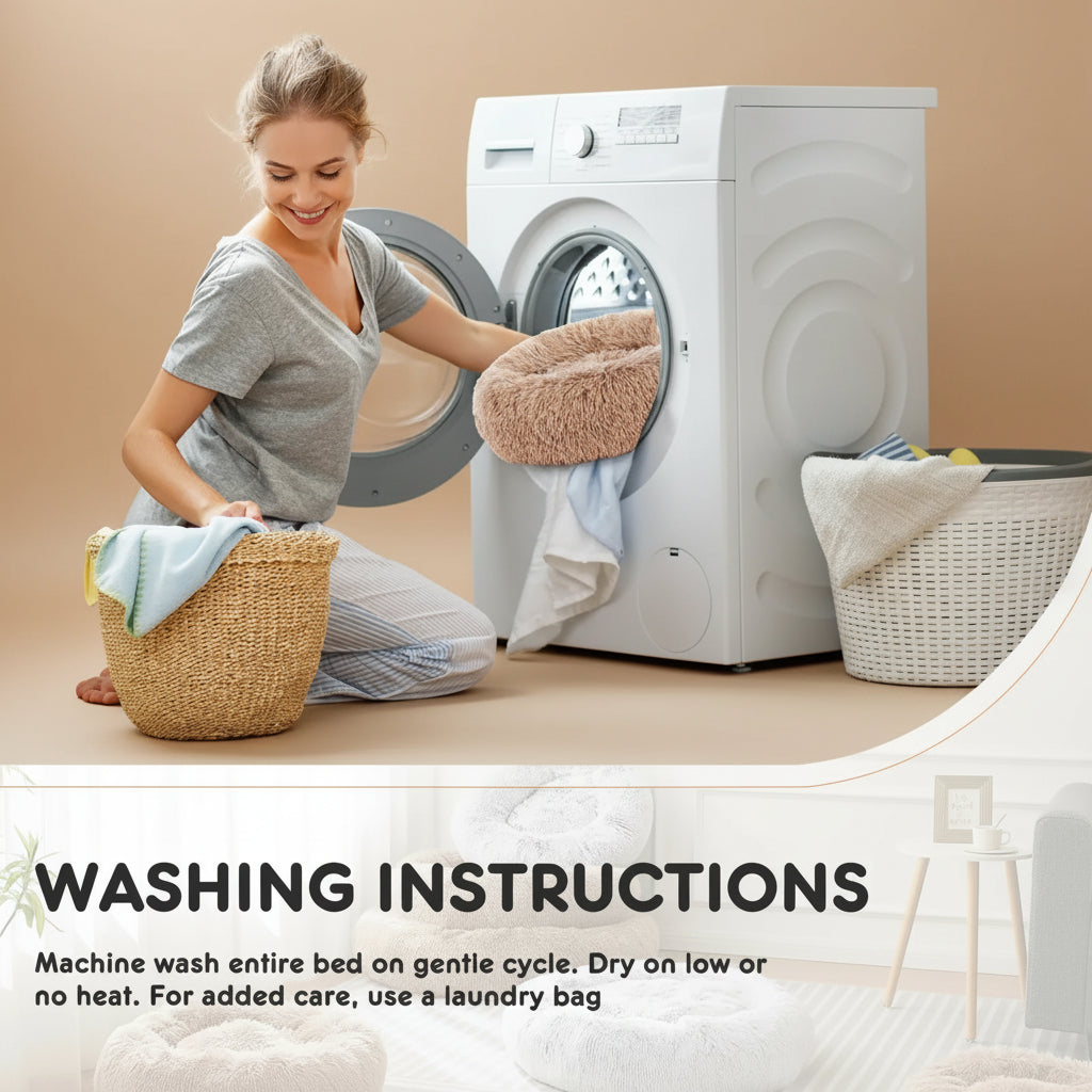 Woman sorting laundry in a modern laundry room with washing instructions displayed.