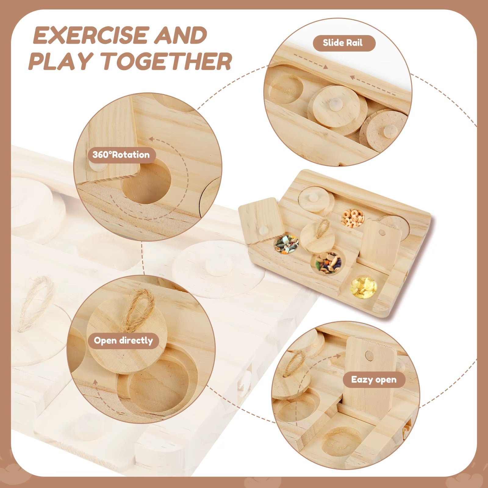 Wooden puzzle box with features highlighted on a beige background