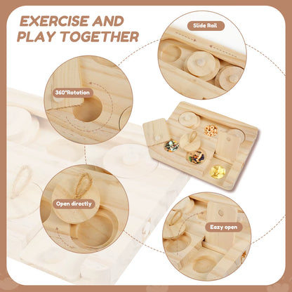 Wooden puzzle box with features highlighted on a beige background