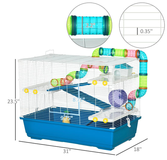 Pawhut 31" Extra Large Hamster Cage with Tubes and Tunnels, 4 Tier Small Animal Cage with Portable Carry Handles, Rat Gerbil Cage with Water Bottle, Food Dish, Exercise Wheel