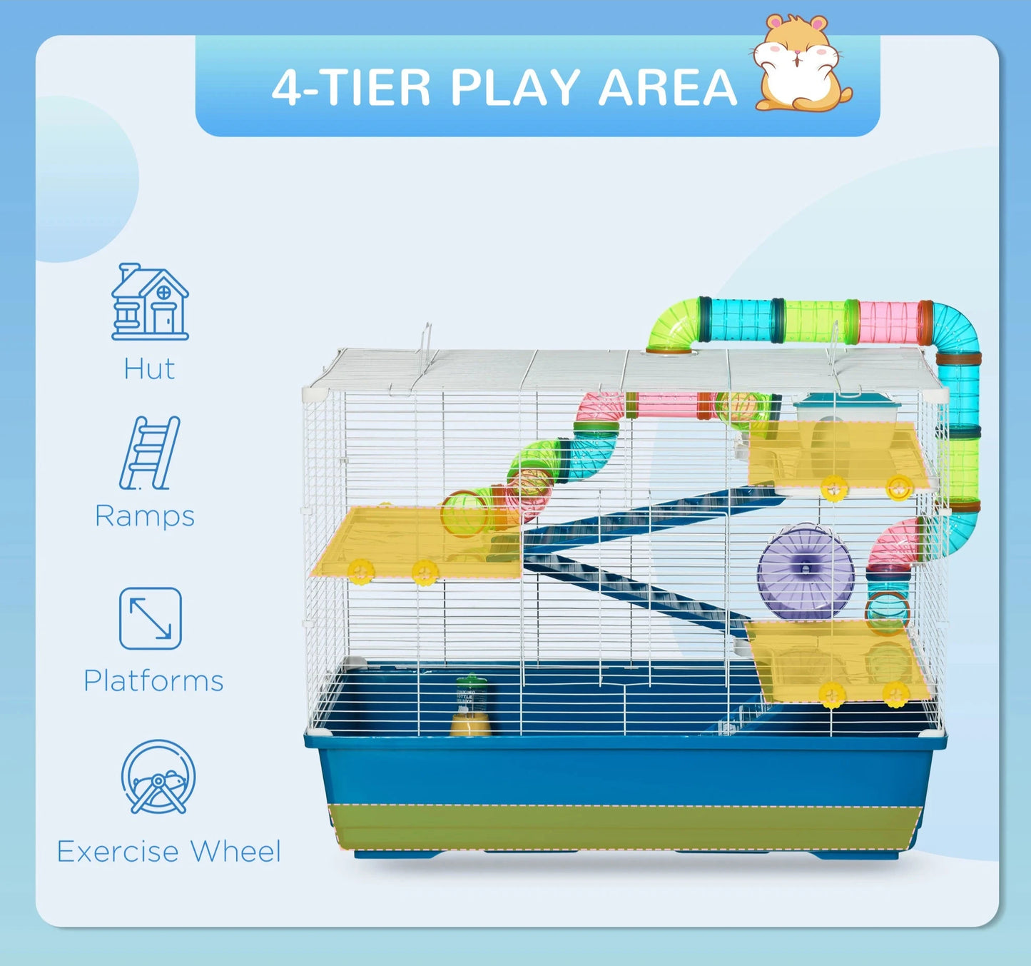 Pawhut 31" Extra Large Hamster Cage with Tubes and Tunnels, 4 Tier Small Animal Cage with Portable Carry Handles, Rat Gerbil Cage with Water Bottle, Food Dish, Exercise Wheel