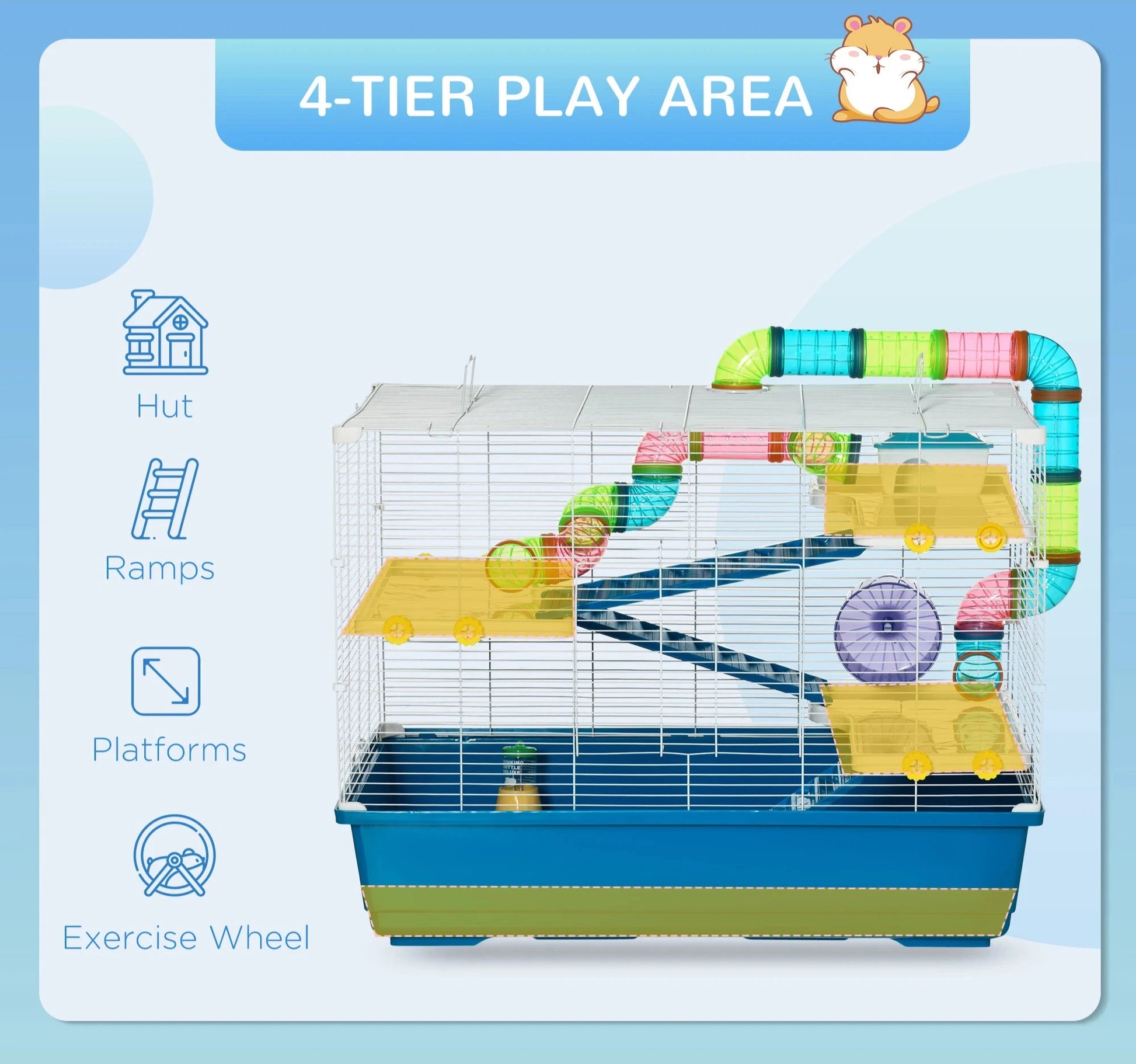 Pawhut 31" Extra Large Hamster Cage with Tubes and Tunnels, 4 Tier Small Animal Cage with Portable Carry Handles, Rat Gerbil Cage with Water Bottle, Food Dish, Exercise Wheel