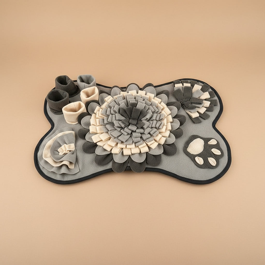 Gray bone-shaped pet toy with different designs and paw prints on a beige background