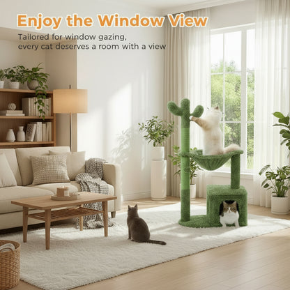 Green cat tree with a cat sitting on top, surrounded by a living room with a couch and plants.