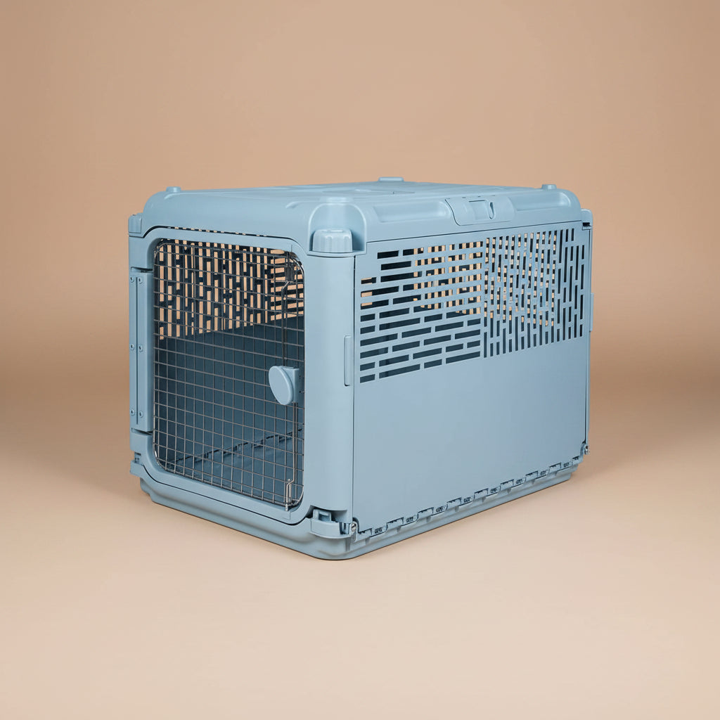 Blue pet crate with wire door on a beige background