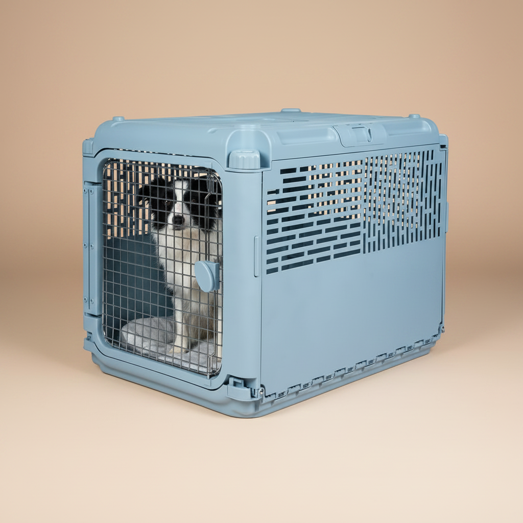 Blue pet crate with wire door on a beige background