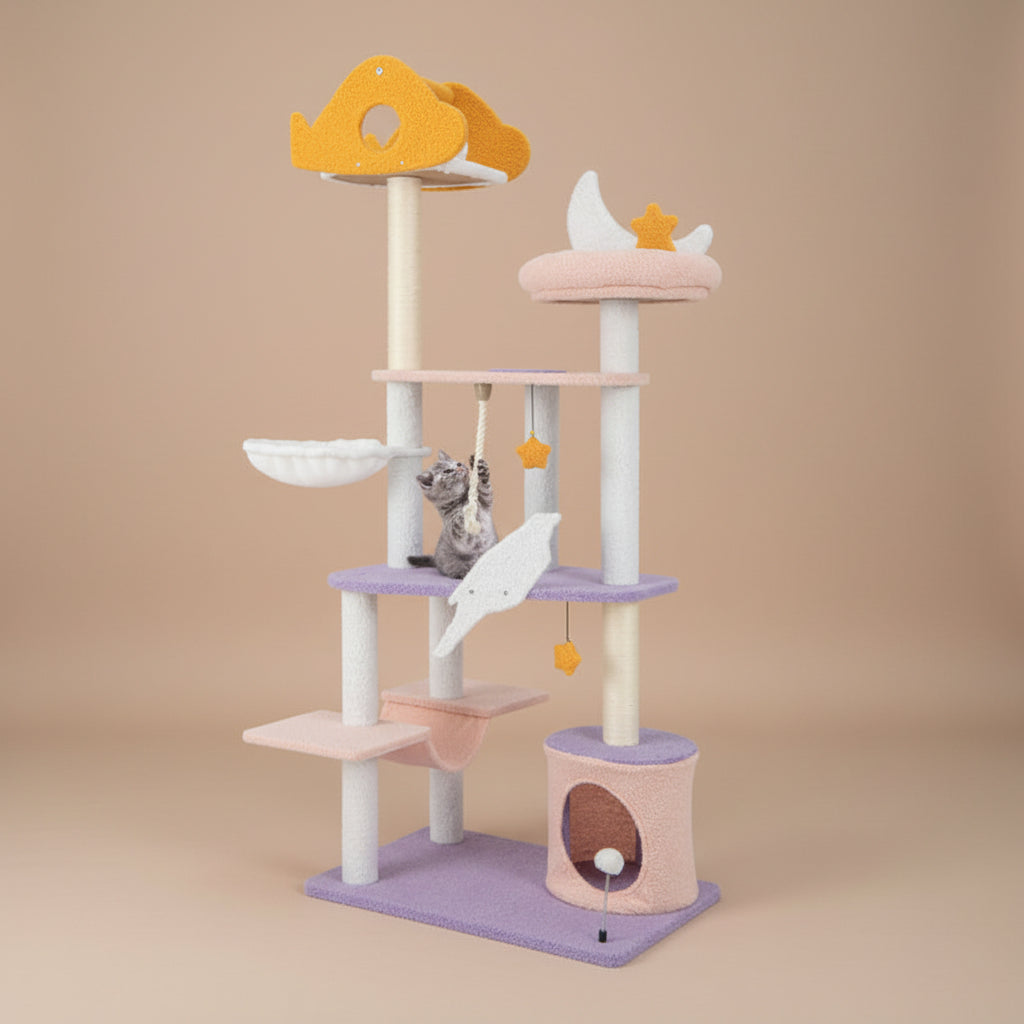 66 Inch Cute Cat Tree Cats Multi-Level Tall Cat Tower with Sisal Covered Scratching Posts