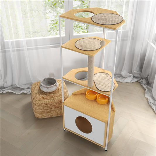 Corner Cat Tower - Space-Saving Multi-Level Cat Tree with Scratching Post, Cabinet & Anti-Tip Safety Kit for Apartments