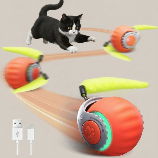 Cat Toy for Indoor Cats, Two Speed Smart Automatic Cat Toy Moving Ball with Tail, Rechargeable Motion Activated Cat Toys for Bored Indoor Adult Cats (Adapter Not Included)