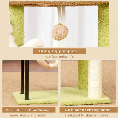 Cat tree with hanging pom-pom, iron pipe design, and scratching post.