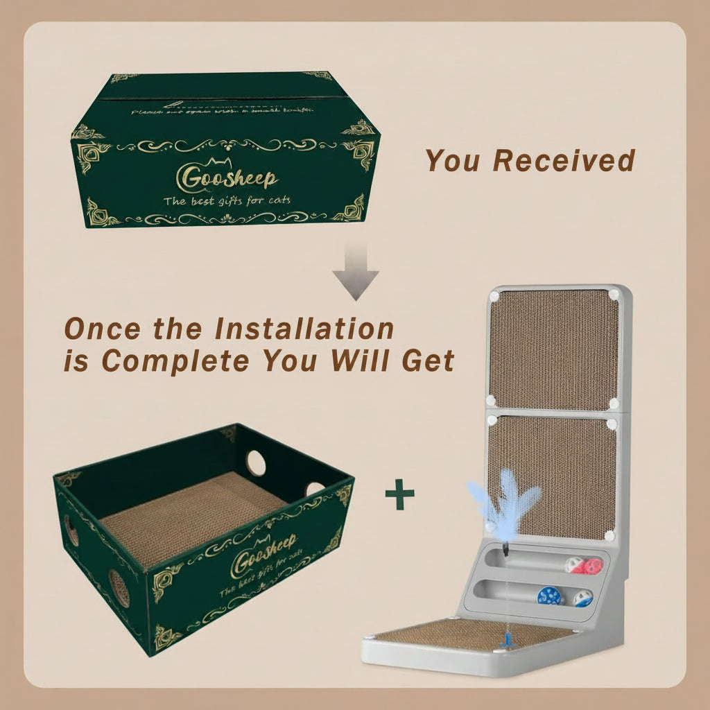 Cat scratcher set with packaging labeled 'GooSheep' on a beige background.