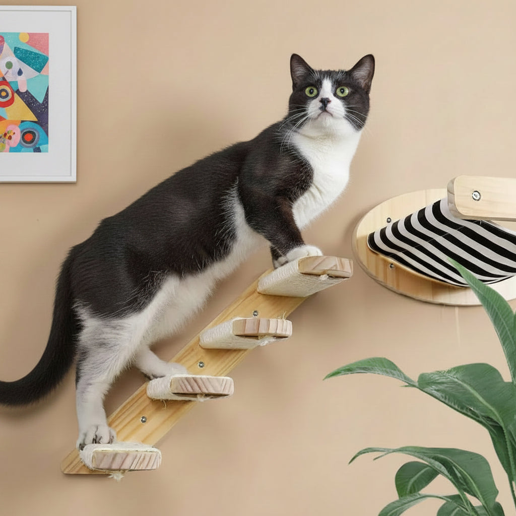 Cat on a wooden climbing shelf with a striped cushion against a beige wall.