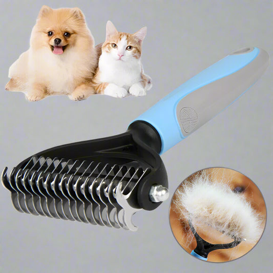 Pet grooming brush with a dog and cat on a white background