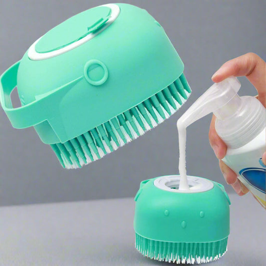 Green scrubber with bristles being filled with a white liquid from a bottle on a white background