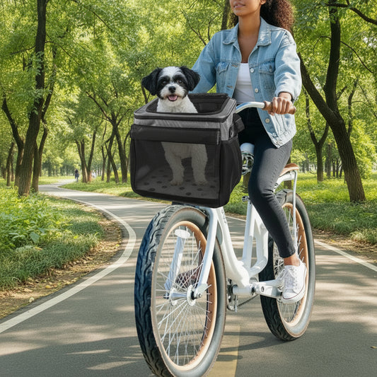 Person riding a bicycle with a dog in a basket on a path