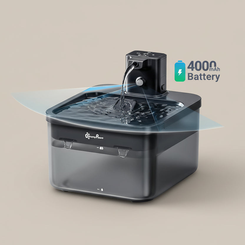 Pet water fountain with 4000mAh battery indicator on a beige background.