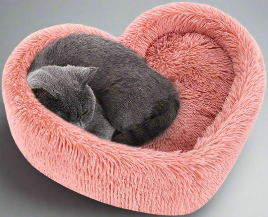 Cat Beds for Indoor Cats - Heart Cat Bed with Removable Washable Cushioned Pillow, Fits Cats up to 30 Lbs or Puppy Bed for Small Dogs, Faux Fur Self Warming Pet Bed Non-Slip Cat House, Pink