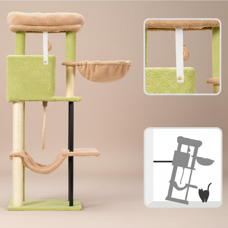 Cat tree with multiple platforms and a scratching post on a white background