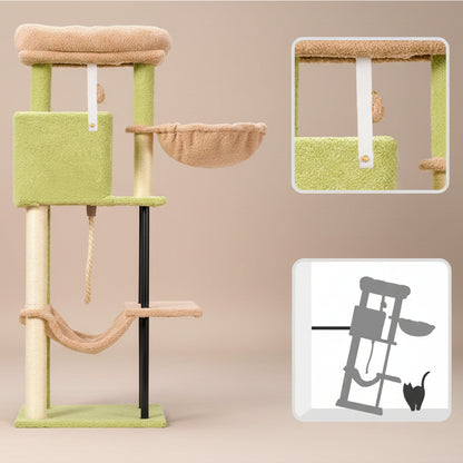 Cat tree with multiple platforms and a scratching post on a white background