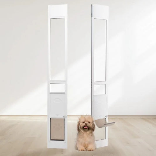 Dog Door for Sliding Glass Door, 75 7/8'-80 11/16' Adjustable Height Doggy Door for Sliding Doors, Aluminum Frame Tempered Glass Pet Door with Hinge Structure Flap and Lock for Small-Sized Dogs