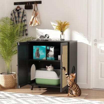 Modern Cat Litter Box Enclosure with Lock and Sisal Door
