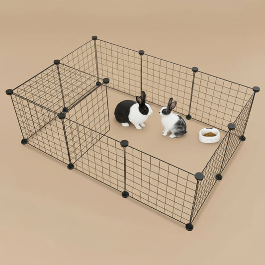 Pet playpen with two rabbits inside on a beige background