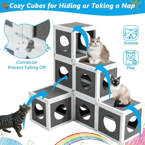 Outdoor Wooden Cat Catio - Large Solid Wood Cat Cage Playpen with 2 Jumping Platforms &amp; 7 Napping Houses, Walk-in Cat Kennel Condo Shelter, Grey