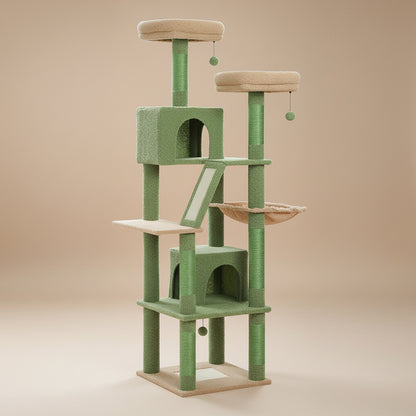 Green cat tree with multiple levels, platforms, and a beige top on a beige background