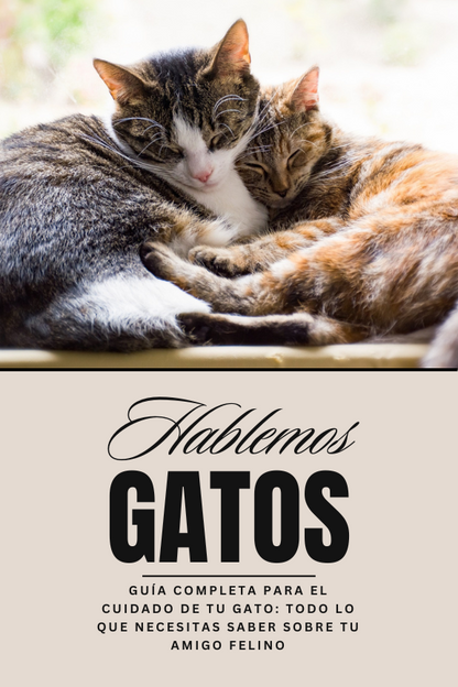 Two cats cuddling with text 'Hablemos Gatos' on a beige background
