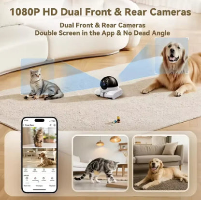 Smart pet camera with dual front and rear cameras, app interface, and pets on a carpet.