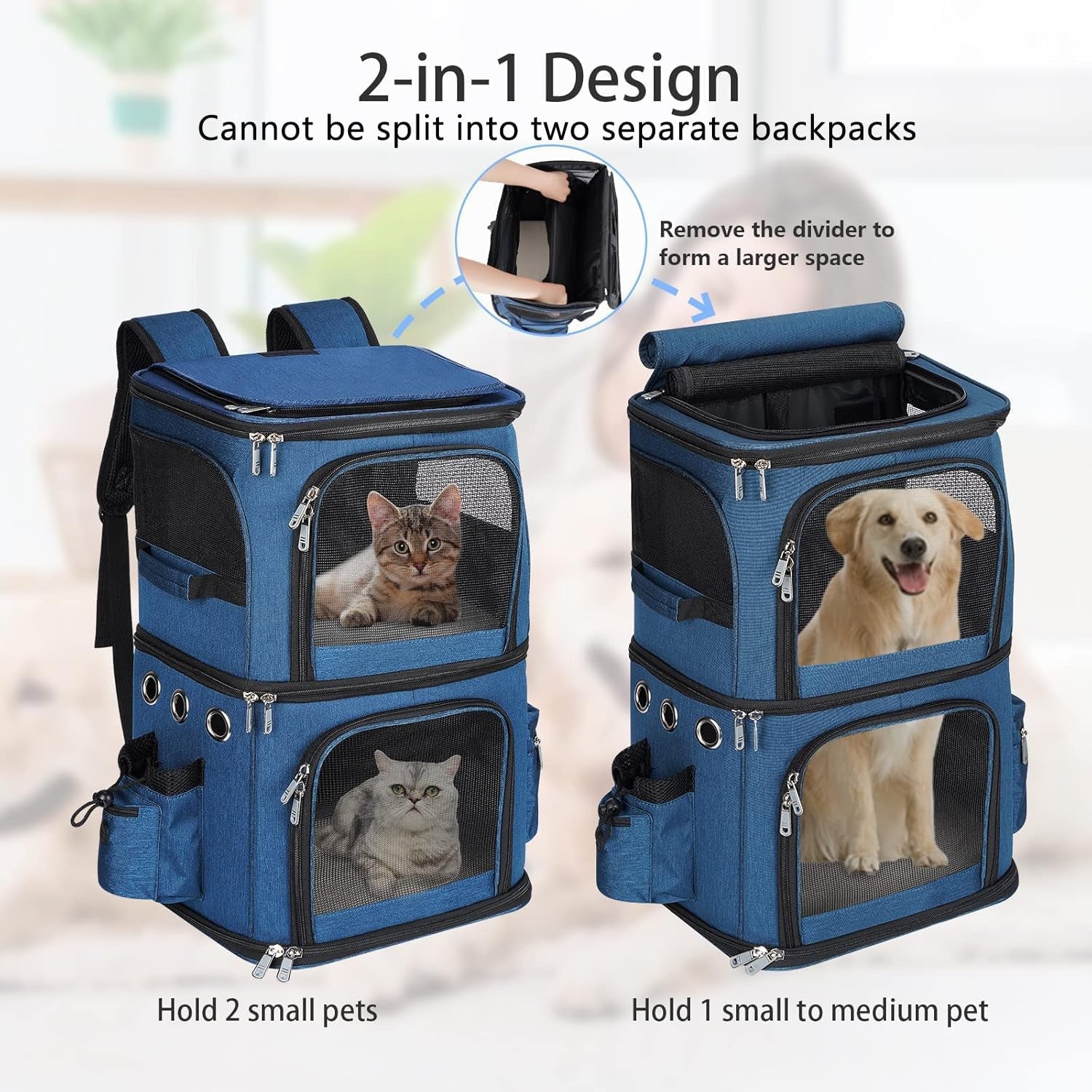 Double-Compartment Pet Carrier Backpack for Small Cats and Dogs, Cat Travel Carrier for 2 Cats, Perfect for Traveling/Hiking/Camping, Blue