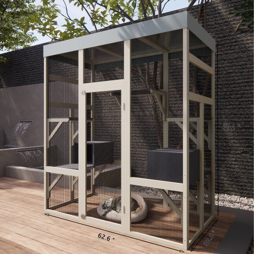 62.6" Gray Wooden Catio Outdoor Pet Enclosure with Waterproof Top - Spacious and Secure Cat House &amp; Small Animal Cage with Black Rust-proof Metal Wire