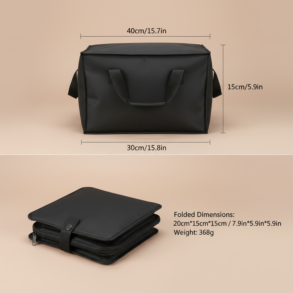 Black storage bag with dimensions and weight information on a white background