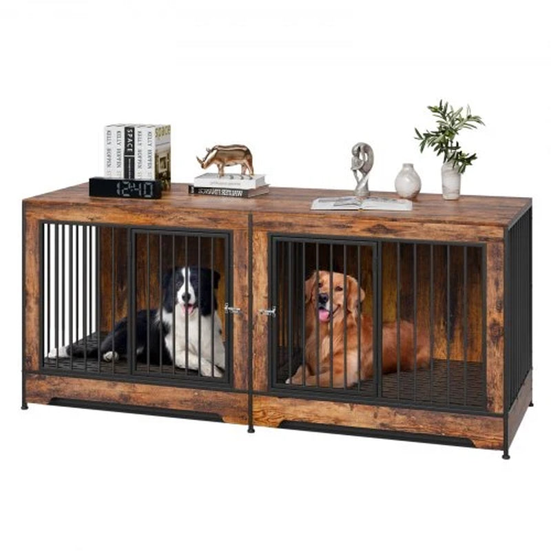 75 Dog Crate Furniture for 2 Dogs, Extra Large Double Dog Crate Furniture Large Breed with Divider & Double Doors, Large Wooden Dog Crate Furniture TV Stand for Medium Large Dogs Brown