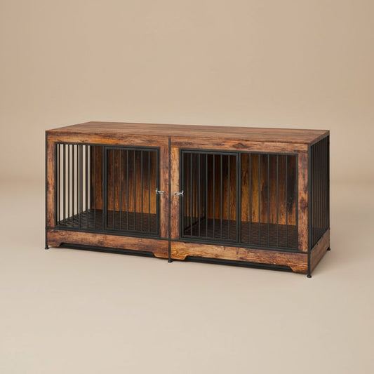 75 inch Wooden cabinet with two dog kennels on a beige background