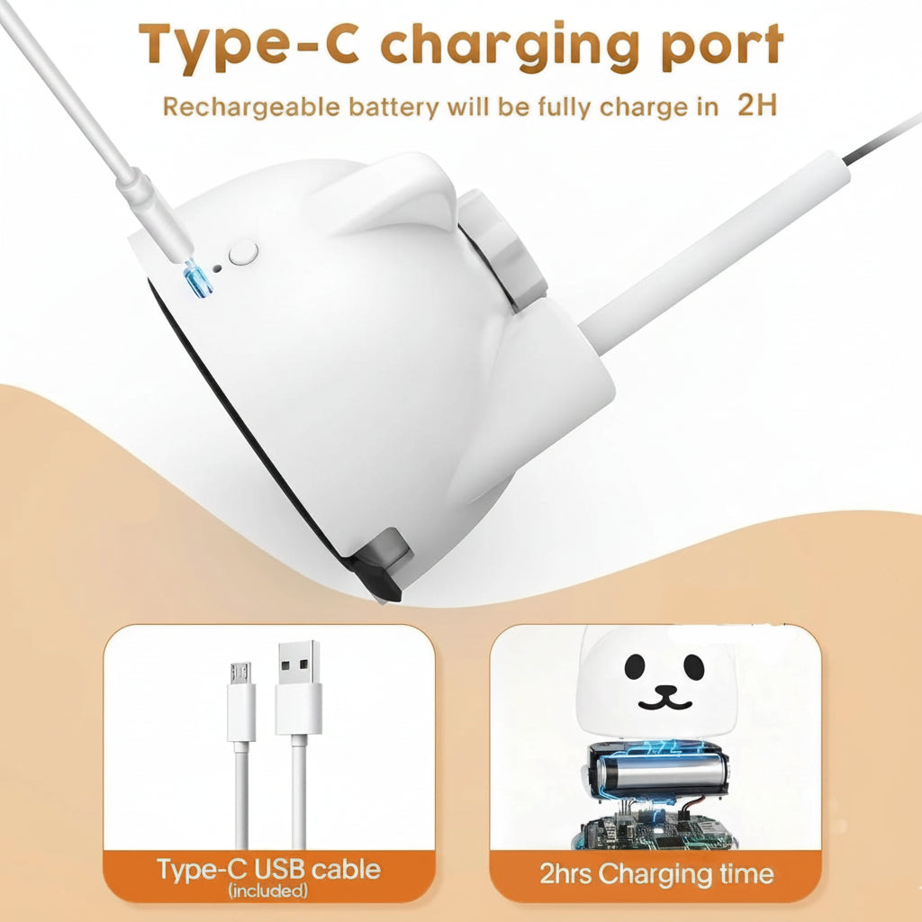 White electronic device with charging cable on a beige background, featuring text about Type-C charging port and battery charging time.