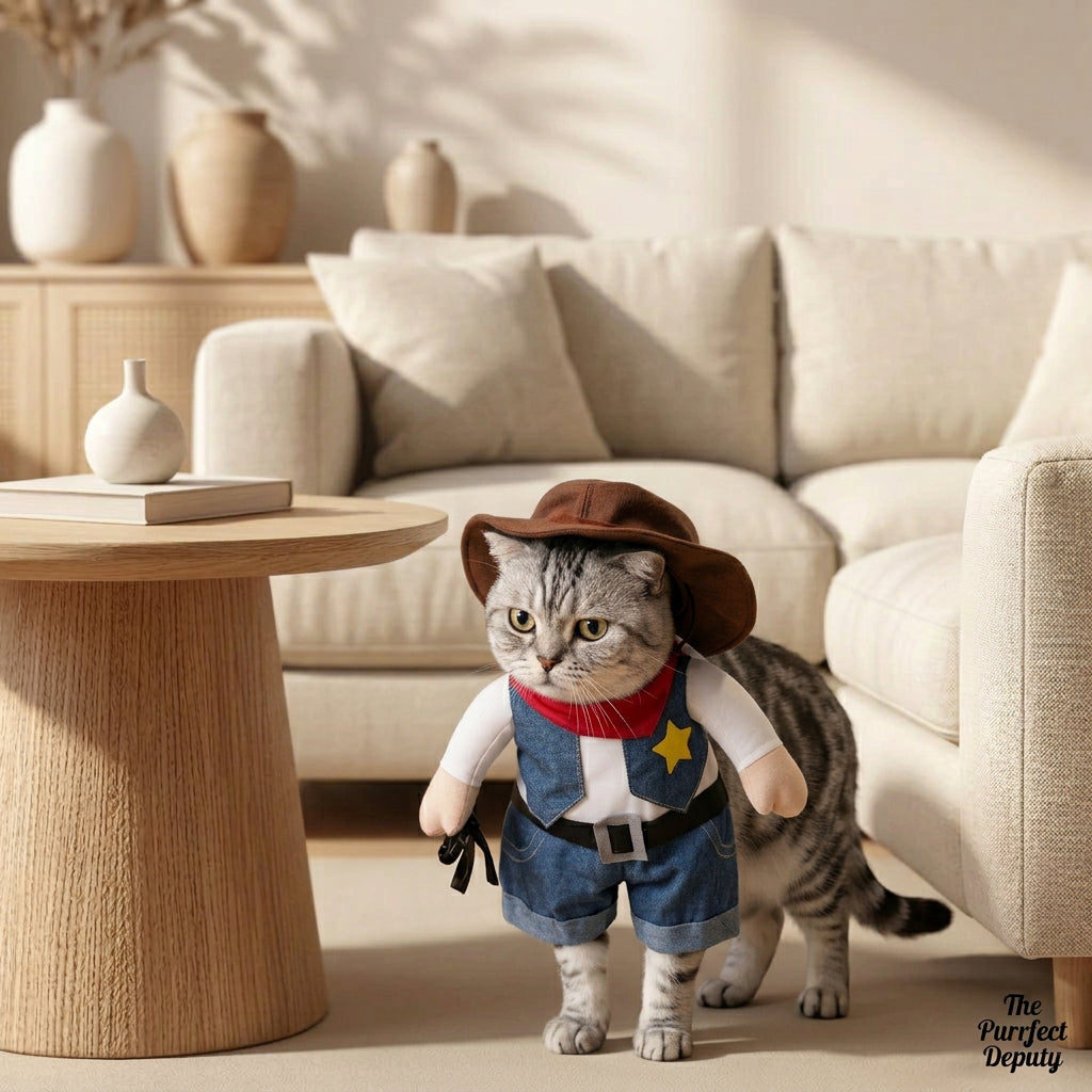 Cat wearing a cowboy costume with a hat, vest, and overalls in a living room setting.