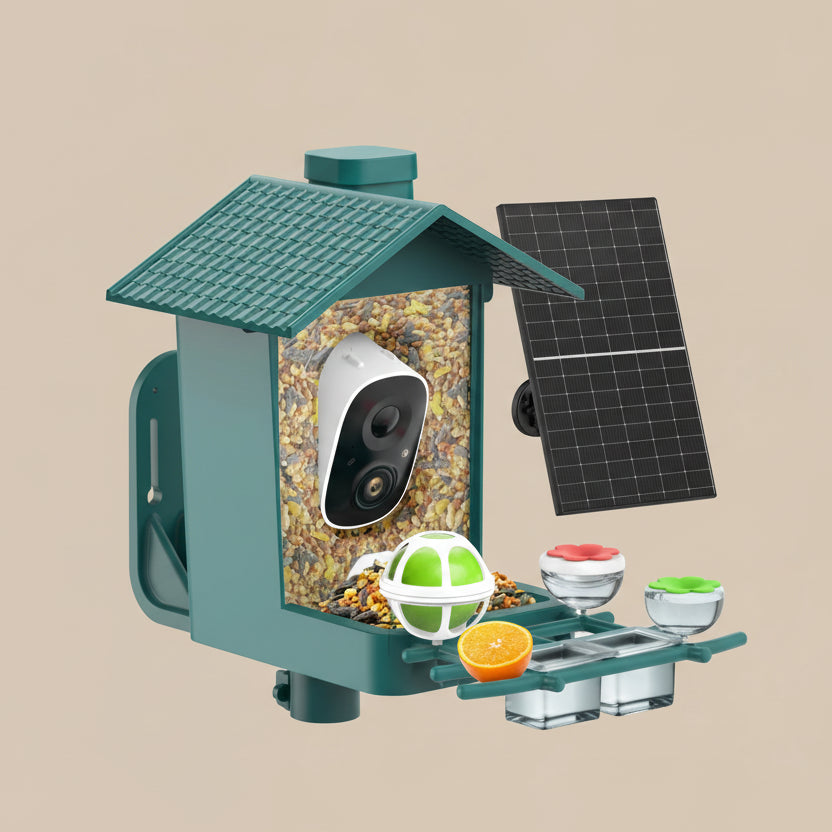 Image of feeder and all it parts and attachments on a beige background